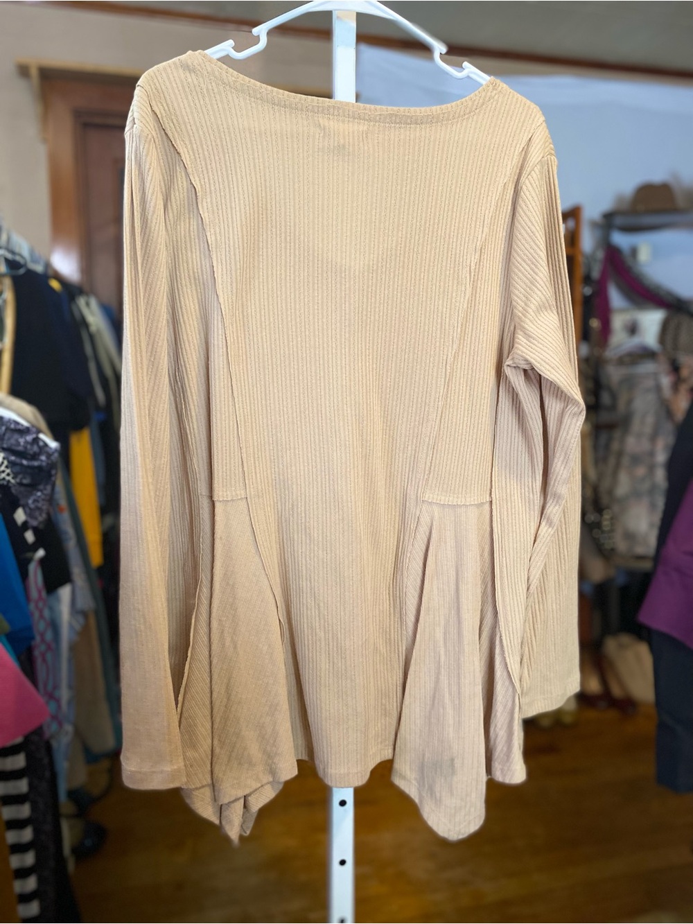 Maurices Ribbed V-Neck Long Sleeve Lacey Top- Beige - Picture 4 of 4